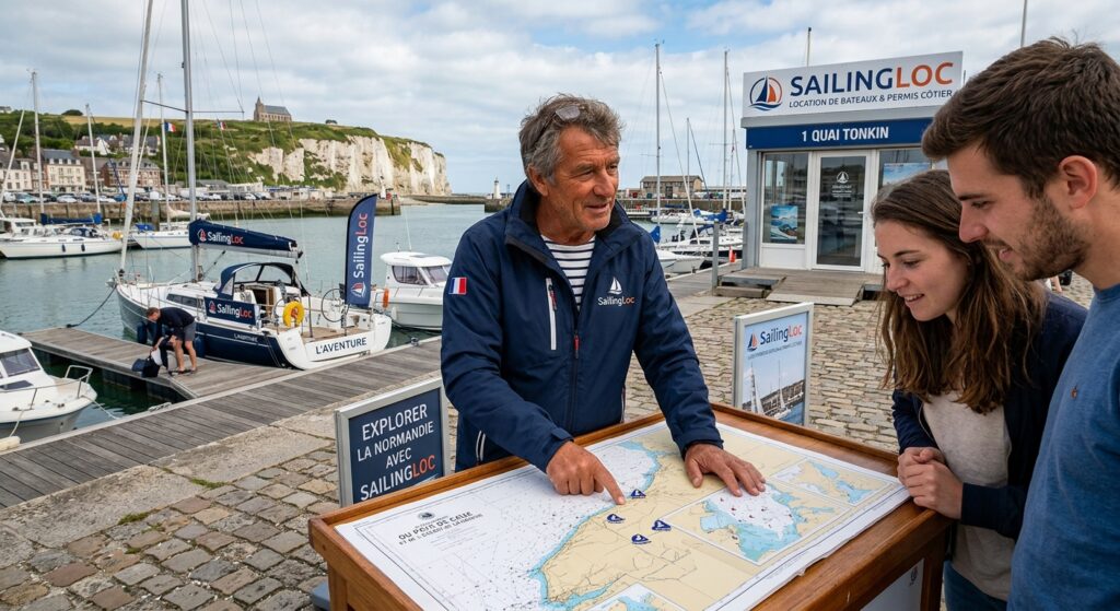 Fondateur de SailingLoc expliquant une carte marine dans le port de Dieppe