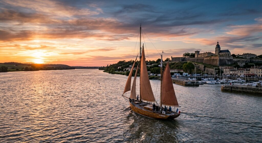Voilier naviguant sur l'Estuaire de la Gironde au soleil couchant face au port de Blaye