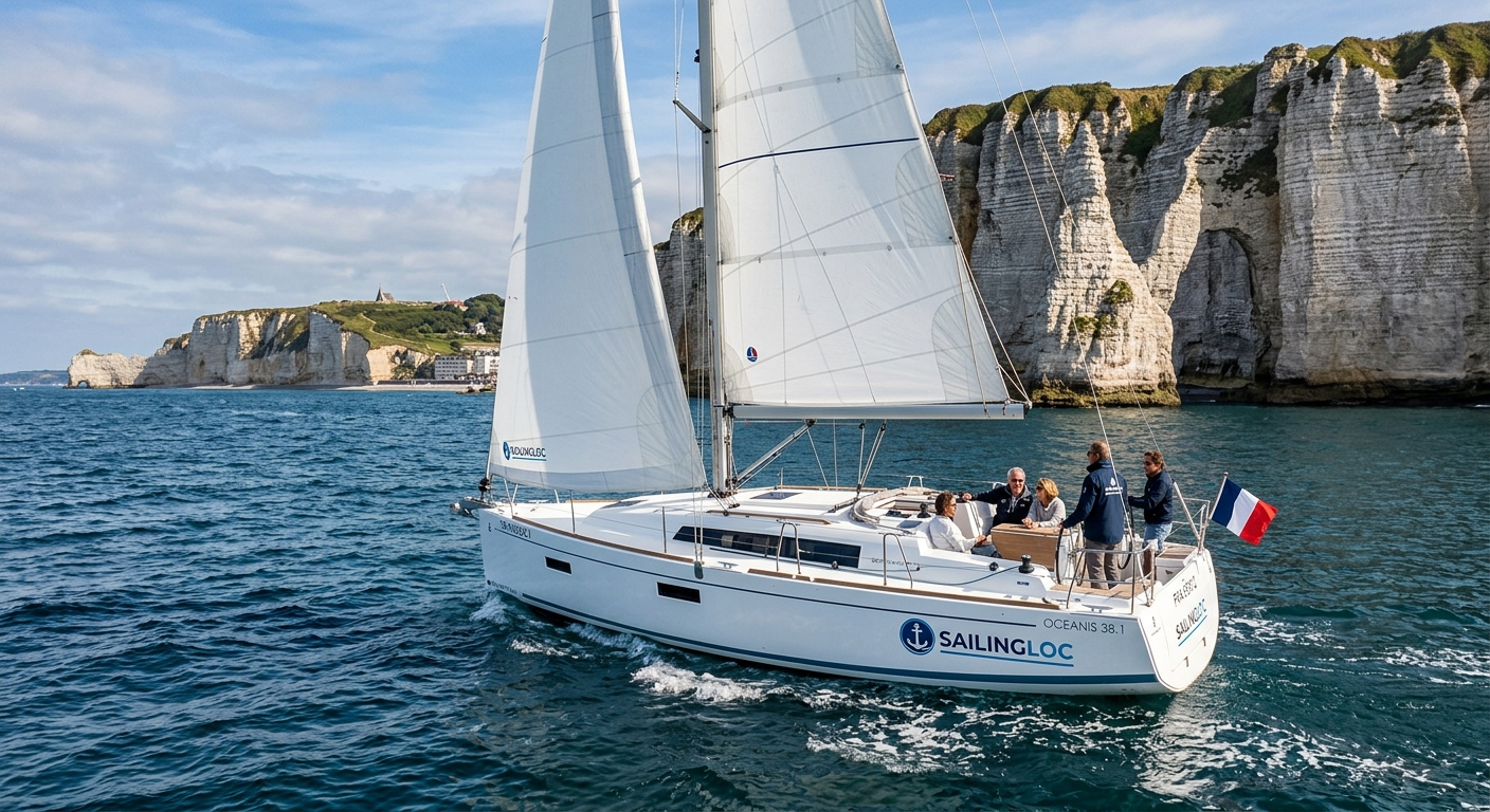 Voilier sous voiles au large des falaises normandes loué sur la plateforme SailingLoc