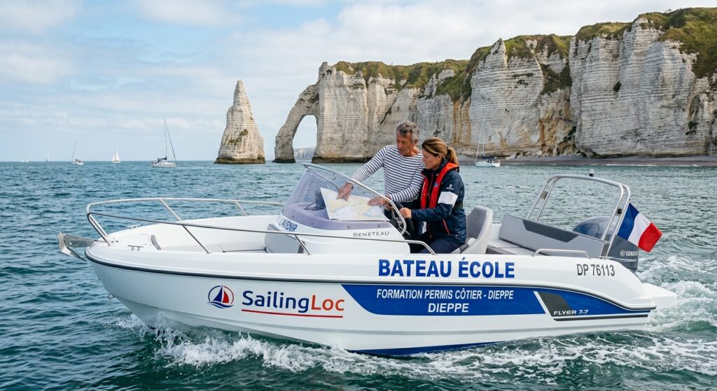 Bateau-école SailingLoc en navigation le long de la côte normande
