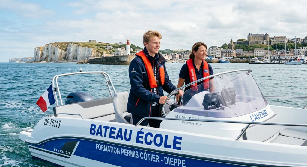 Élève à la barre du bateau-école pour la formation au permis côtier à Dieppe